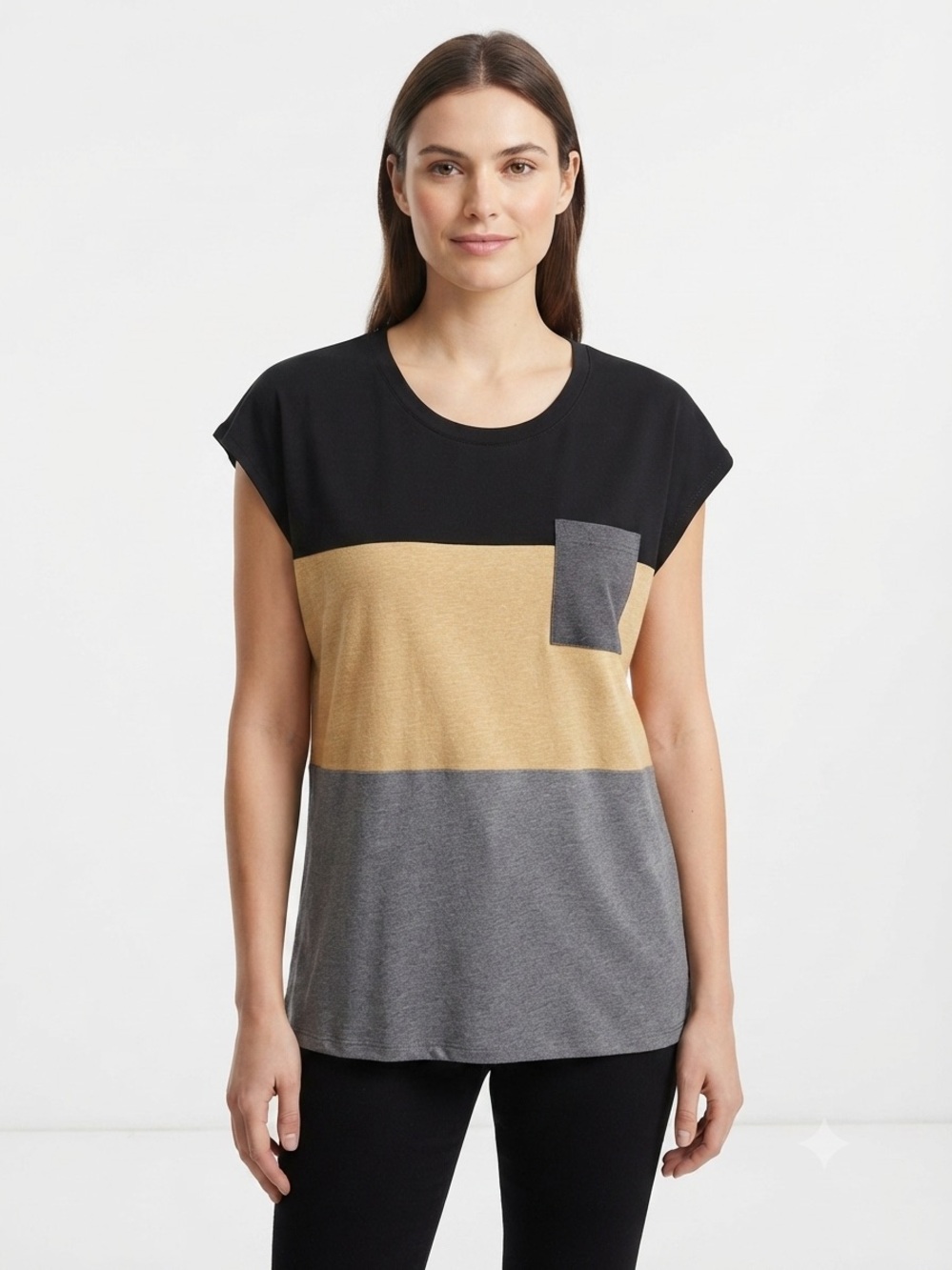 Colorblock Short Sleeve Tee in Black, Gold & Gray — Women's Casual Top